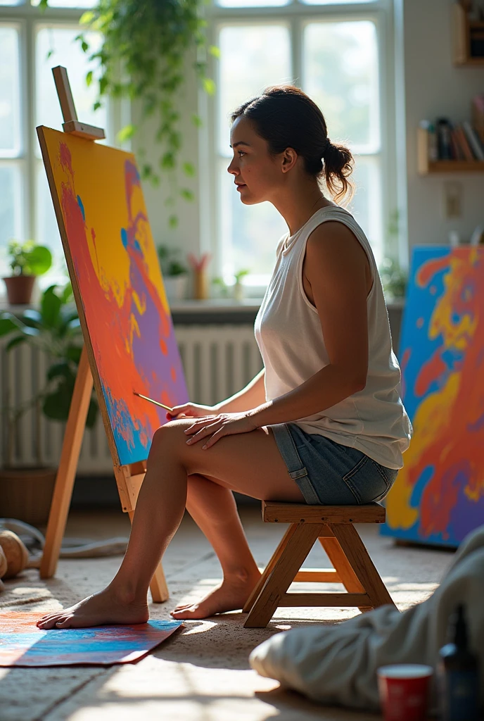 arafed woman sitting on the floor drawing on a canvas, model drawing, drawing, drawing, student artist, drawing on a canvas, drawing art, an artistic pose, drawing, 1 sexy girl in the studio, drawing come to life, in my art room with a window, sun rays from the window, oil paint, art drawing, portrait of a female student artist, Paiting, artistic drawing, high detail, soft light