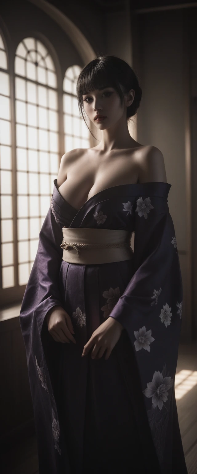 1girl, extremely detailed goddess of death, highly detailed kimono, extremely detailed and revealing gothic off-shoulder kimono, extremely detailed and realistic skin, extremely detailed medium perky breasts, dramatic cinematic lighting, intricate details, dramatic atmosphere,dark purple hair, dark moody lighting, lush garden background, dramatic colors, photorealistic, 8k, best quality, masterpiece, deep low-cut neckline showing décolletage, life-like and Photorealistic taken from a Leica m9 50mm 1.2 pouting kissable lips 