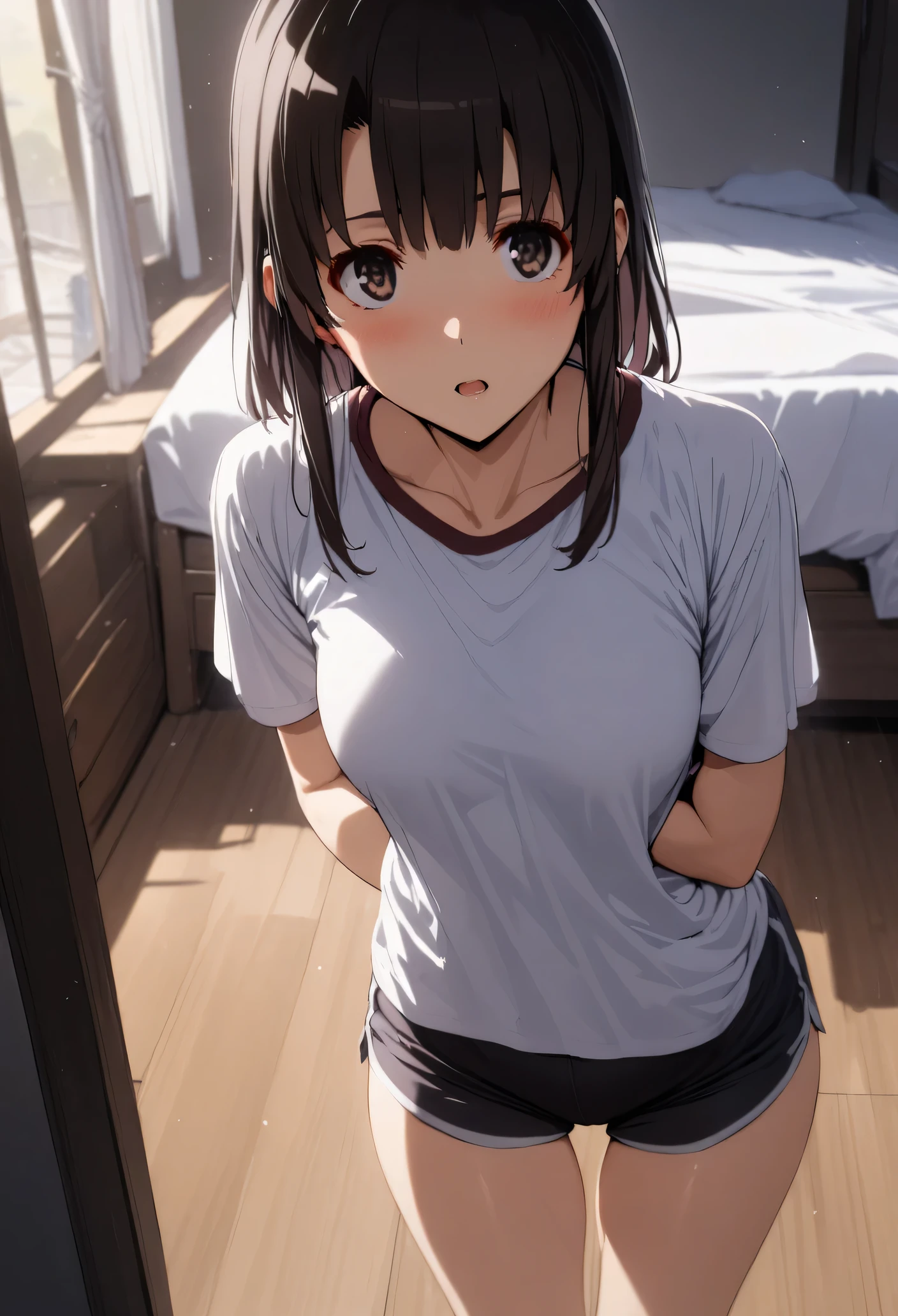 1girl,solo,megumi katou,short black hair,shirt,shorts,room, masterpiece, best quality,ultra detailed,