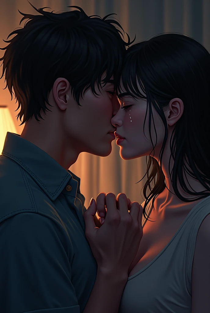 A dimly lit, narrow train compartment with soft lighting illuminating two characters. The focus is on a female character with medium-length hair accentuating her curves. She is leaning forward, showing a close-up of her chest, creating a sense of tension and intimacy. The male character is positioned closely behind her, gently leaning in. Their body language suggests a moment of anticipation and closeness. The environment suggests a mix of emotions: nervousness and desire. The perspective is from above, emphasizing the tight space and the physical closeness of the characters. Small beads of sweat on the female character's neck convey a sense of heat and anticipation. The overall mood is intimate, with a hint of tension,8k quality realistic