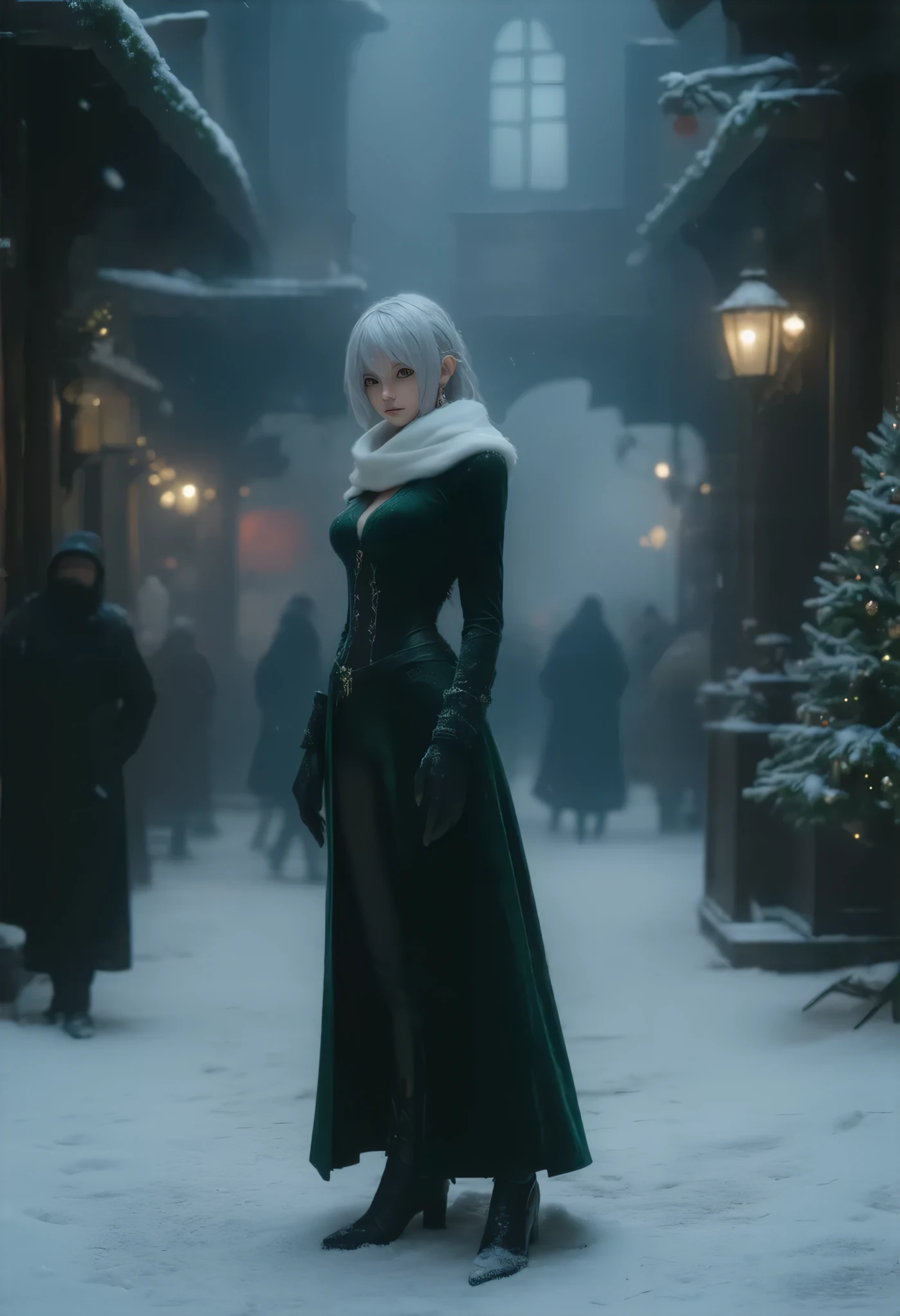 (8k, top quality, Masterpiece , Final Fantasy Style: 1.2),Atmospheric perspective, 8K, Very detailed, Accurate, Highest quality, masterpiece, Very detailed,Sharp focus, High resolution, full body shot of YoRHa No. 2 Type B, Complex, Narrow Face, elegant, Wearing a sapphire necklace, A Christmas street corner with powder snow dancing, diamond dust, a long white coat, Crimson long dress made of velvet fabric, green long skirt made of velvet fabric, long black leather boots,white fur muffler on neck, ((large breasts:1.2), , (Uplifted and well-defined bust:1.2), (lifted chest:1.2), (perky breasts :1.2),(deep cleavage:1.4)) and a huge waist, (sexy long legs, whole body picture:1.5), (back view:1.4), Very detailed, Digital Painting, Art Station, Concept Art, Smooth, Sharp focus, figure, ArtJam, Greg Rutkowski, Art by Alphonse Mucha, 8K, Volumetric Fog, bloom, light, lumen, Crank blur