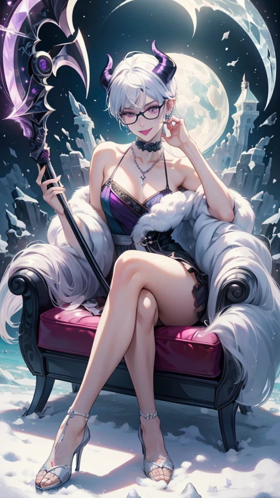 8k, masterpiece, best quality, highly detailed, 1 girl, devil, demon horns, warlock, pixie cut, white hair, multicolored hair, very short straight hair, red highlight hair on white hair, stippled hair, wearing glasses, round glasses, earrings, red eyeshadow, long eyelashes, blushed cheek, purple lips, pearl necklace, rings, collarbone, mole on face, glamorous, teal and purple queen clothes, naval piercing, close up view, sadistic smile, high heels, rings, looking at viewer, sitting pose, exposed nape, winter, blizzard, wearing crown, cronwed, see-thru clothes, both hands holding scythe, leg crossing