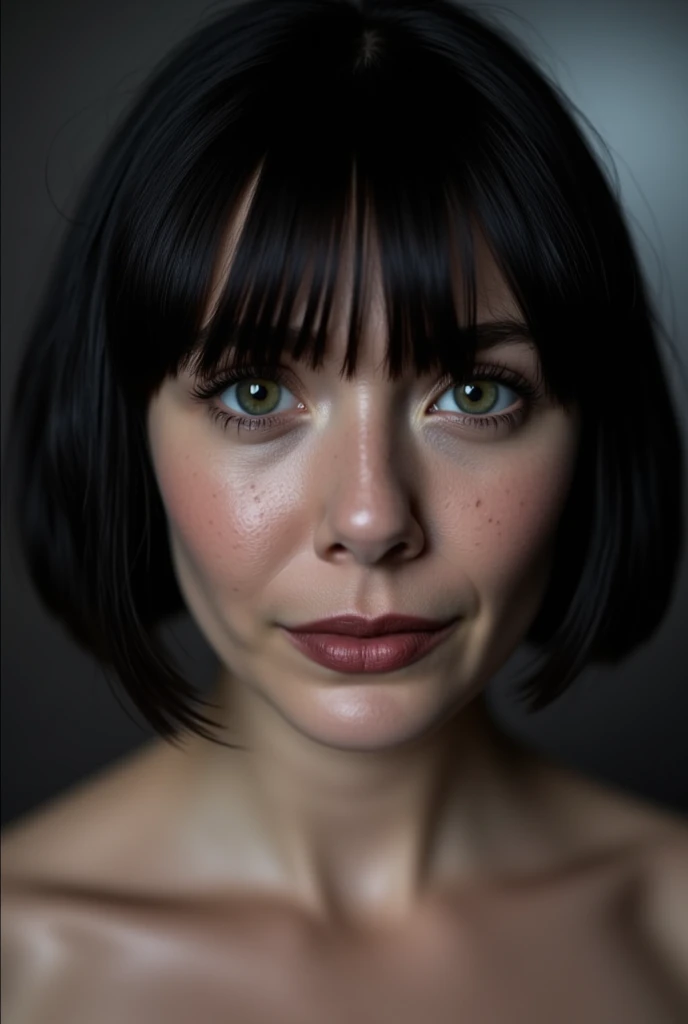 Elizabeth Olsen, close up photo, topless, black bob cut hair, detailed face