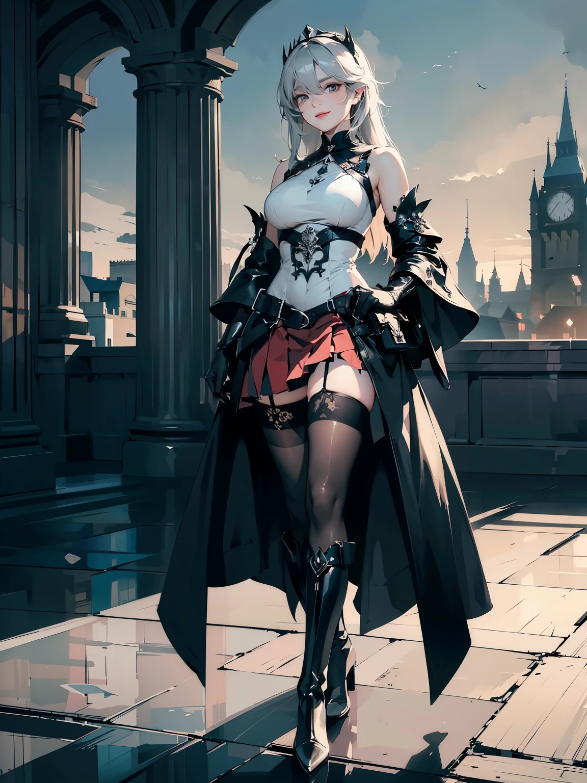 masterpiece, accurate, high quality, super detail, best quality, 8k, ((wearing black leather gloves)), European female blue-gray slim eyes, elegant eyebrow, natural eyelid, traditional flared skirt, (faint-smile), An illustration for light novels with fine lines and medium saturation. A refined Kaihime-like woman stands on a rooftop looking at the dawn sky, (smiling faintly) She wears a gothic-style dress in charcoal with pale pink and silver accents, charcoal stockings, leather boots, and long silver gloves with charcoal fingertips., cinematic lighting, chiaroscuro, masterpiece, high quality, super detail, best quality, ultra-detailed, (looking at viewer), wearing white elegant blouse, well-proportioned body shape, ultra-detailed, carrying a black huge  shield 