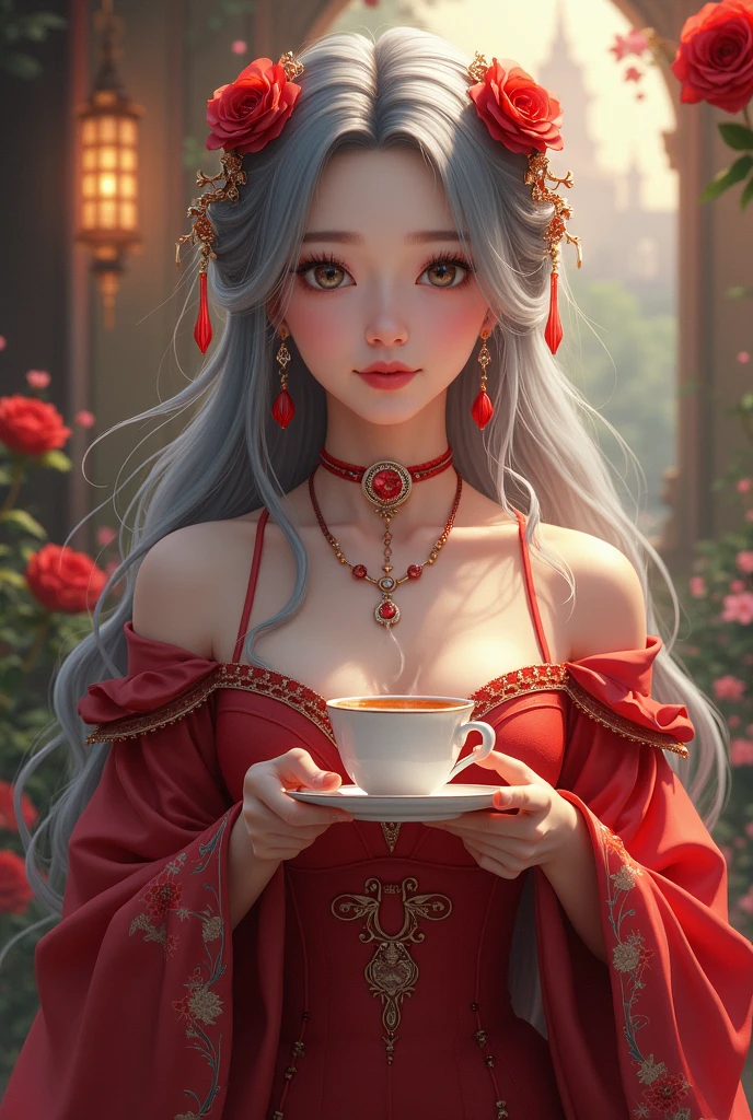 Gray Hair Woman, Gray Eyes, Royalty, Red Dress, Red Jewelry, Red Earrings, Lunar, Nobility, Noblewoman, High Quality, Highly Detailed, Detailed Face, Masterpiece, Castle, Drinking Tea, Garden, Flowers, Lights