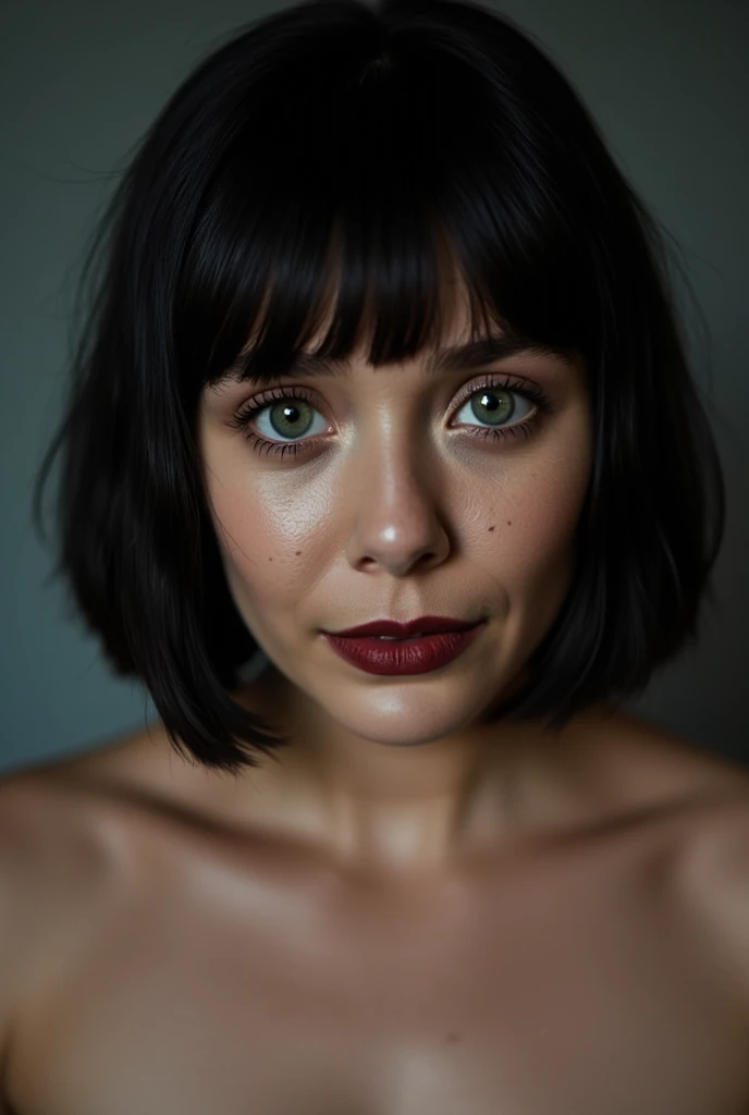 Elizabeth Olsen, close up photo, topless, black bob cut hair, detailed face