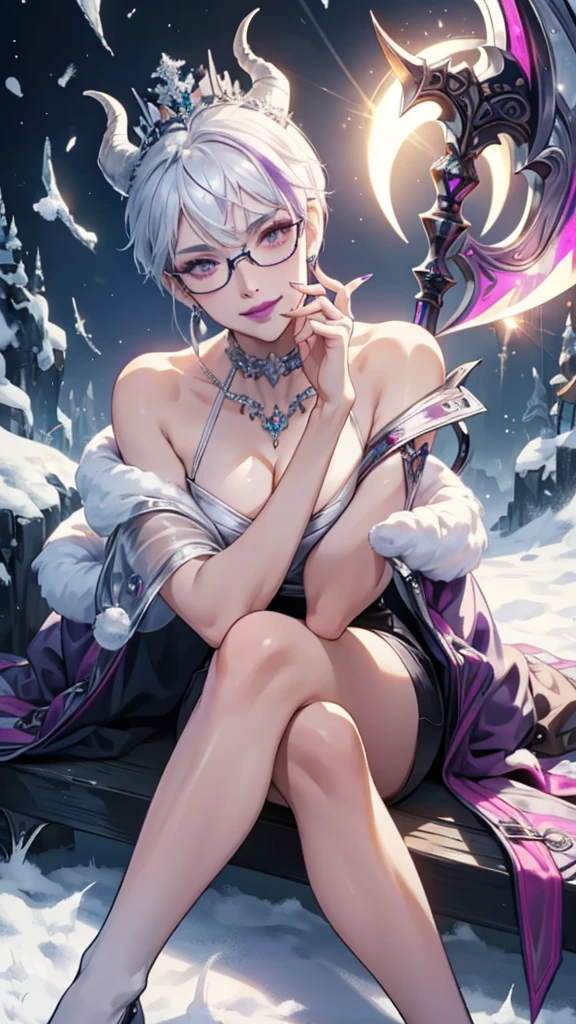 8k, masterpiece, best quality, highly detailed, 1 girl, devil, demon horns, warlock, pixie cut, white hair, multicolored hair, very short straight hair, red highlight hair on white hair, stippled hair, wearing glasses, round glasses, earrings, red eyeshadow, long eyelashes, blushed cheek, purple lips, pearl necklace, rings, collarbone, mole on face, glamorous, teal and purple queen clothes, naval piercing, close up view, sadistic smile, high heels, rings, looking at viewer, sitting pose, exposed nape, winter, blizzard, wearing crown, cronwed, see-thru clothes, both hands holding scythe, leg crossing