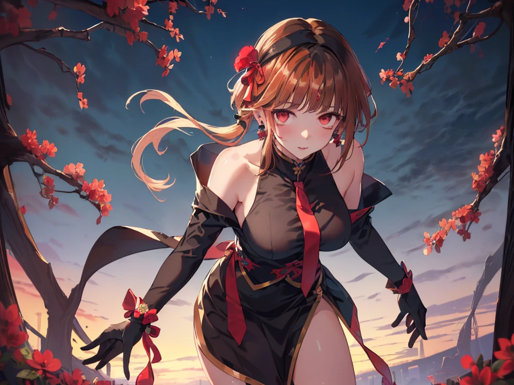 (Solo girl, alone girl:2), (Leaning forward to emphasize upper body:2), (Looking to the side and pouring seductive air:2), (Long hair:2), (Hair tied with a big ribbon:2), (Tie:2), (Gorgeous dress with blue high neck collar, black gloves:2), (Red flower hair accessory:2), (Earrings:2), (Surrounded by many red flowers:2), (Sunset sky, sunset, night breeze), (Bust from the side), (((4K, High Resolution, Masterpiece, Accurate, Anatomically Correct, Multiple Awards, Top Quality, Detailed, High Quality, Extremely Detailed, Ultra High Resolution))).