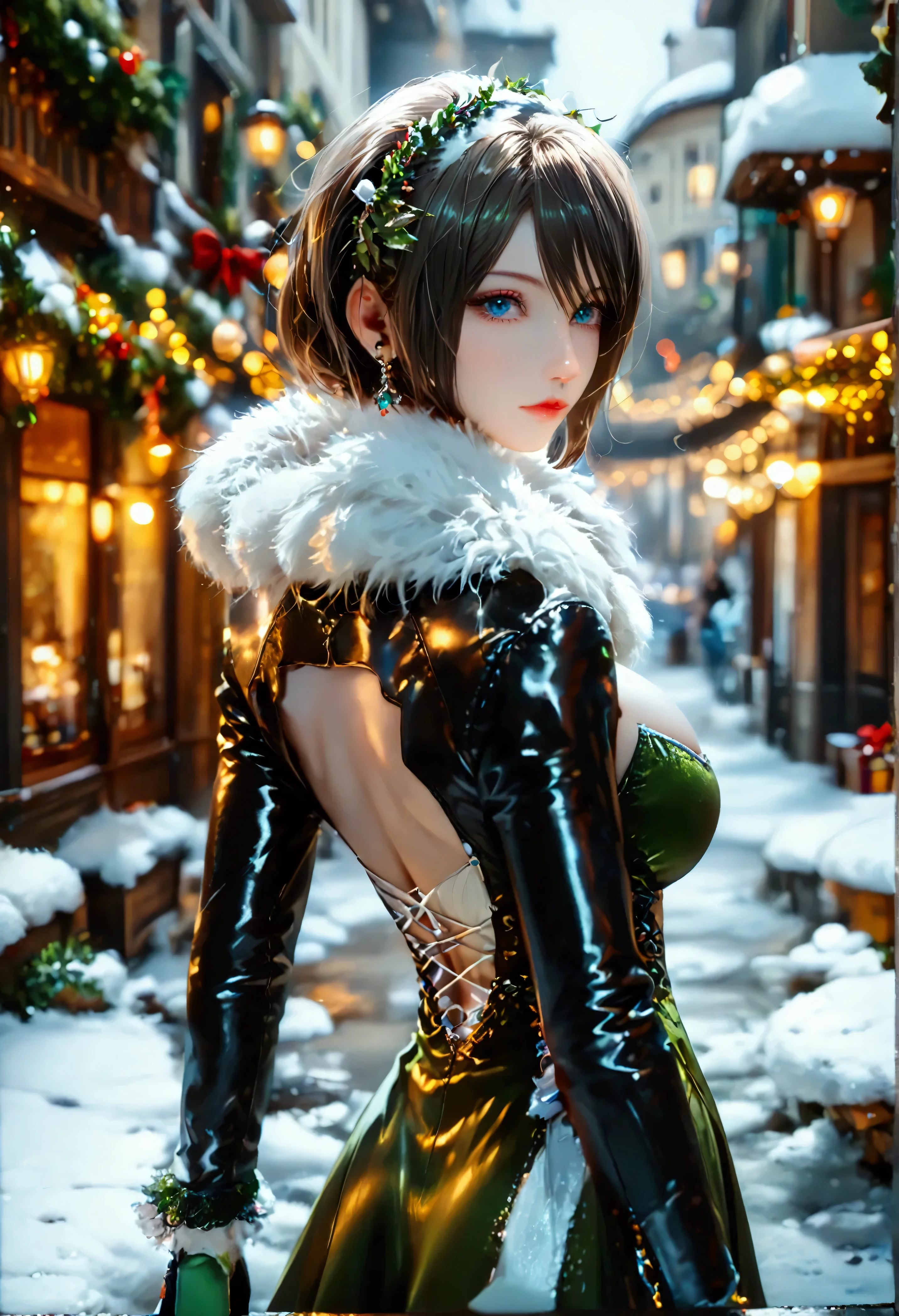 (8k, top quality, Masterpiece , Final Fantasy Style: 1.2),Atmospheric perspective, 8K, Very detailed, Accurate, Highest quality, masterpiece, Very detailed,Sharp focus, High resolution, full body shot of YoRHa No. 2 Type B, Complex, Narrow Face, elegant, Wearing a sapphire necklace, A Christmas street corner with powder snow dancing, diamond dust, (wearing a long white coat, Crimson long dress made of velvet fabric, green long skirt made of velvet fabric, long black leather boots,white fur muffler on neck:1.5), ((large breasts:1.2), , (Uplifted and well-defined bust:1.2), (lifted chest:1.2), (perky breasts :1.2),(deep cleavage:1.4)) and a huge waist, (sexy long legs, whole body picture:1.5), (back view:1.4), Very detailed, Digital Painting, Art Station, Concept Art, Smooth, Sharp focus, figure, ArtJam, Greg Rutkowski, Art by Alphonse Mucha, 8K, Volumetric Fog, bloom, light, lumen, Crank blur