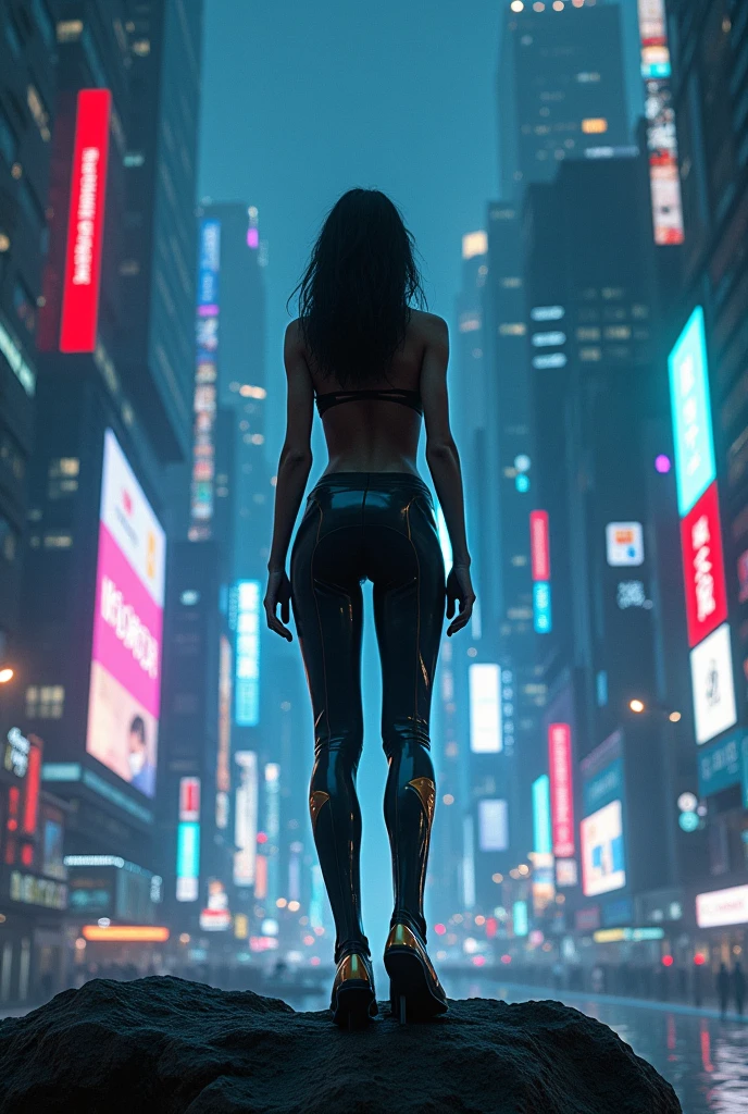 A woman on a bridge looking at a futuristic city with blue neon lights in a cyberpunk anime style