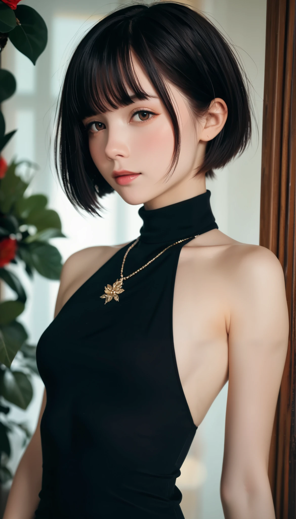  middle of chest,  black dress, turtleneck , (((**-****-*** girl,  slim,  short hair)))