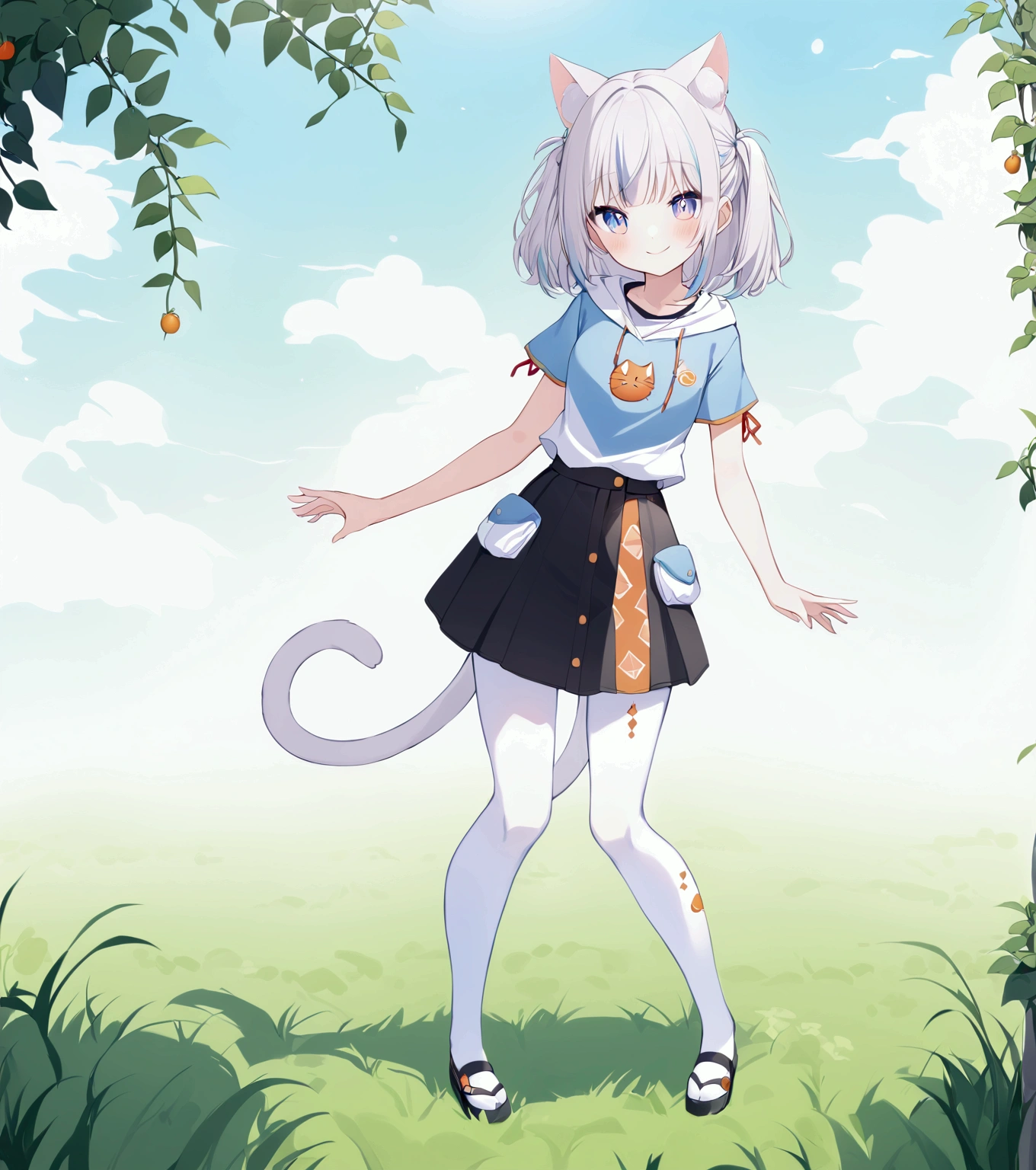   A girl with cat ears ， has three cat tails ，One black, one white, one gray 。 ears white ， with a touch of gray on the tip of the right ear 。 eyes red ， Right Eye Purple 。 top, white short-sleeved t-shirt ， with half an orange pattern printed on the chest 。Outfit blue hooded short sleeve jacket。 bottoms, black skirt has white stripes on the side ， The front pocket flap is embroidered with a small orange slice pattern。Hair color pure white 。 white pantyhose on the legs 。Smile， Bright Eyes 。 standing in a sunny meadow 