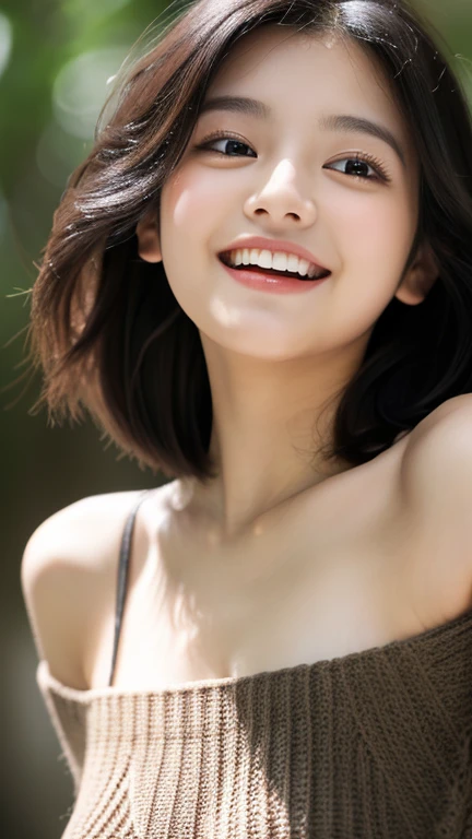 highest quality, masterpiece, ultra high resolution, (realistic:1.4), Raw photo, (Knitted sweater), upper body,(18 year old female),  (An 18-year-old girl, most famous japanese idol, (very beautiful black hair shortcut), Very cute face like the most popular Japanese idol, Round face raccoon face, ((very beautiful big black eyes)), Big Laugh, very beautiful lips, very beautiful skin, very beautiful long eyelashes, slender body, boobs),