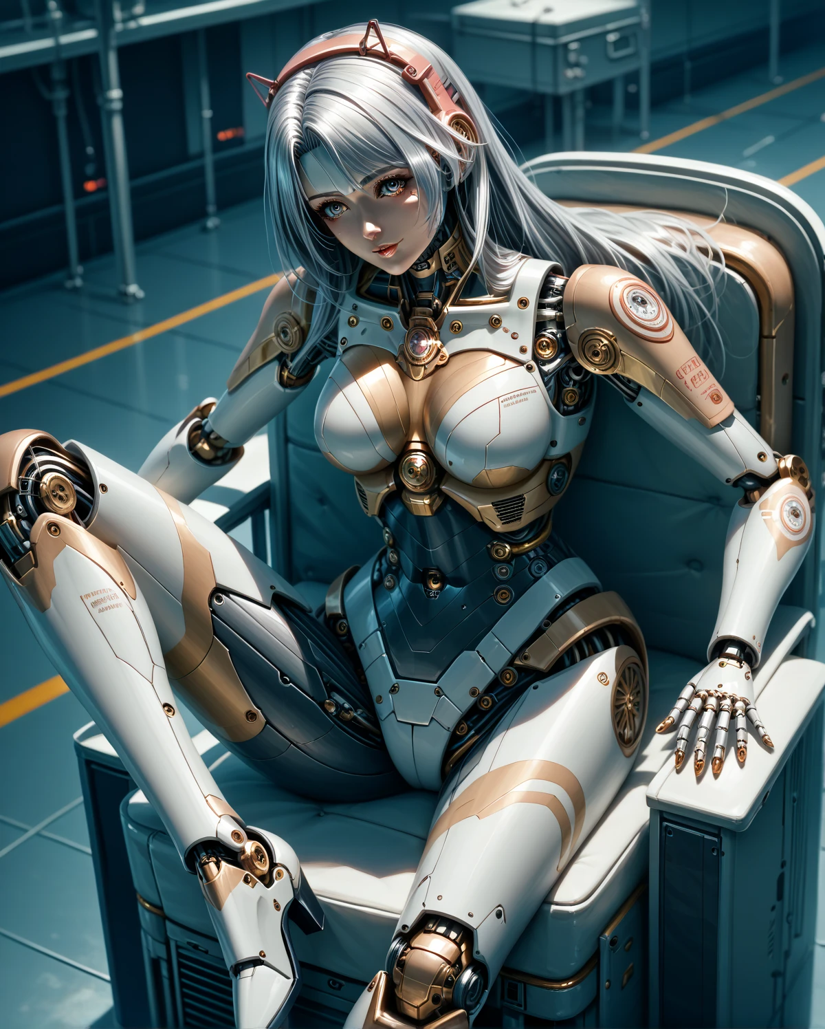 (masterpiece:1.2), (最 High Quality :1.2),  perfect eyes,  perfect face, perfect lighting, 1 woman ，know, (Female playable robot, (mechanicalのヘッドギア, mechanicalのサークレット, metallic hair , mechanicalの光る目)), mechanical, ( cyborg, Exoskeleton), Viewpoint Beautiful, Midea,  Details,  Beautiful Colors Great Quality from Above  , 最 High Quality ,  High Quality , Arena, ( sits on a maintenance chair and spreads her legs, Under maintenance),  cowboy shot , 