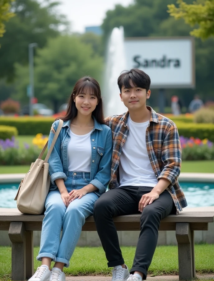Dating, Korean girl and Korean boy, sakura, at the park, simple background 