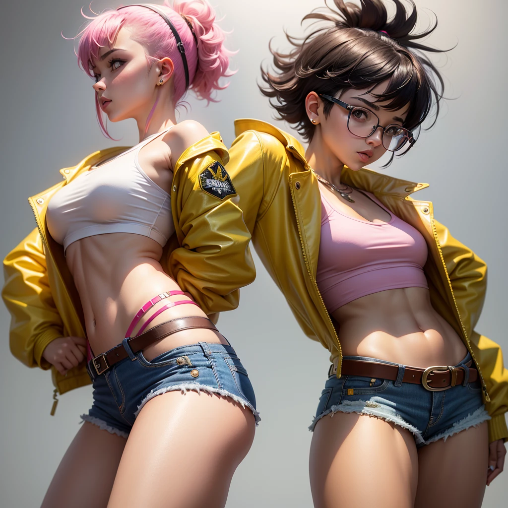 A woman in a yellow raincoat and pink eyewear on head, yellow leather jacket,  punk black hair (very short on the sides), solo, jubilee, open long yellow leather jacket!, big light brown eyes, small breasts, pink earrings, belt, cotton pink tank top, light blue low-waist denim shorts,  pink eyewear on head, covered navel, cropped legs, cotton, front view!, white background, realistic colors, front view, light coming from the right, 8K image quality, Masterpiece