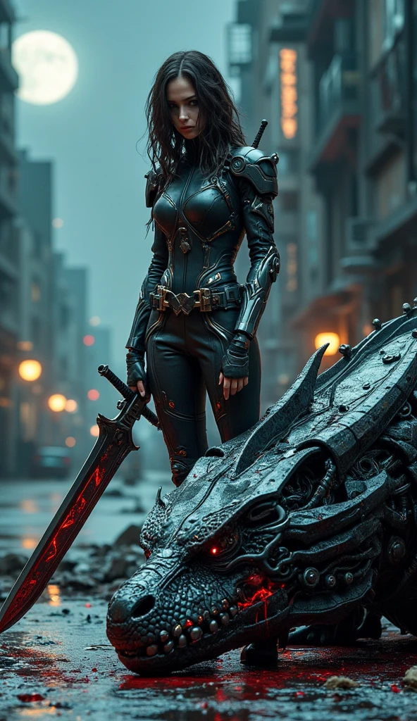 A scene featuring a sleek cyberpunk female warrior in ornate, shimmering armor,

standing while holding a large bloodied sword deeply embedded in the center of a dragon's head.

The dragon has glossy dark scales, closed eyes, blood dripping from its mouth, and intricate details on its lifeless, sprawled body.

The background reveals a ruined cityscape illuminated by moonlight.

With dramatic lighting and an epic, powerful atmosphere,

the overall composition exudes grandeur and awe, enhanced by its cinematic quality.