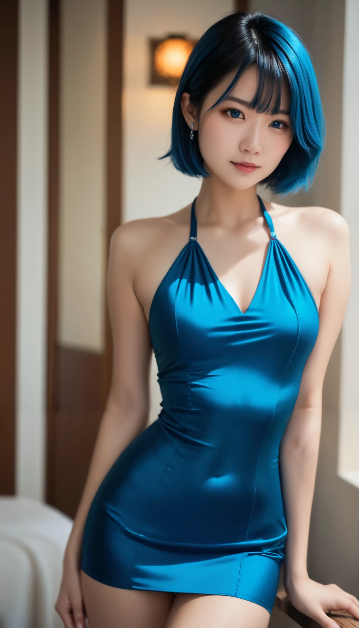  short straight hair wearing a blue colored silky short dress ,  blue eyes,  standing with different breasts , Cool colors, Asian look ,  Girl ,  realistic  