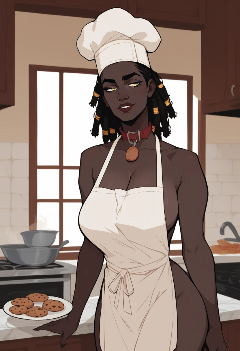 score_9, score_8_up, score_7_up, source_anime, 1woman, mature, human female, human, detailed face, jawline, collar, lustful eyes, smooth skin, dark skin, black skin, beautiful eyes, yellow eyes, black hair, huge breasts, dreads, dreadlocks hair, chef, hat, apron, in a stone kitchen, timid, gentle, cookies,