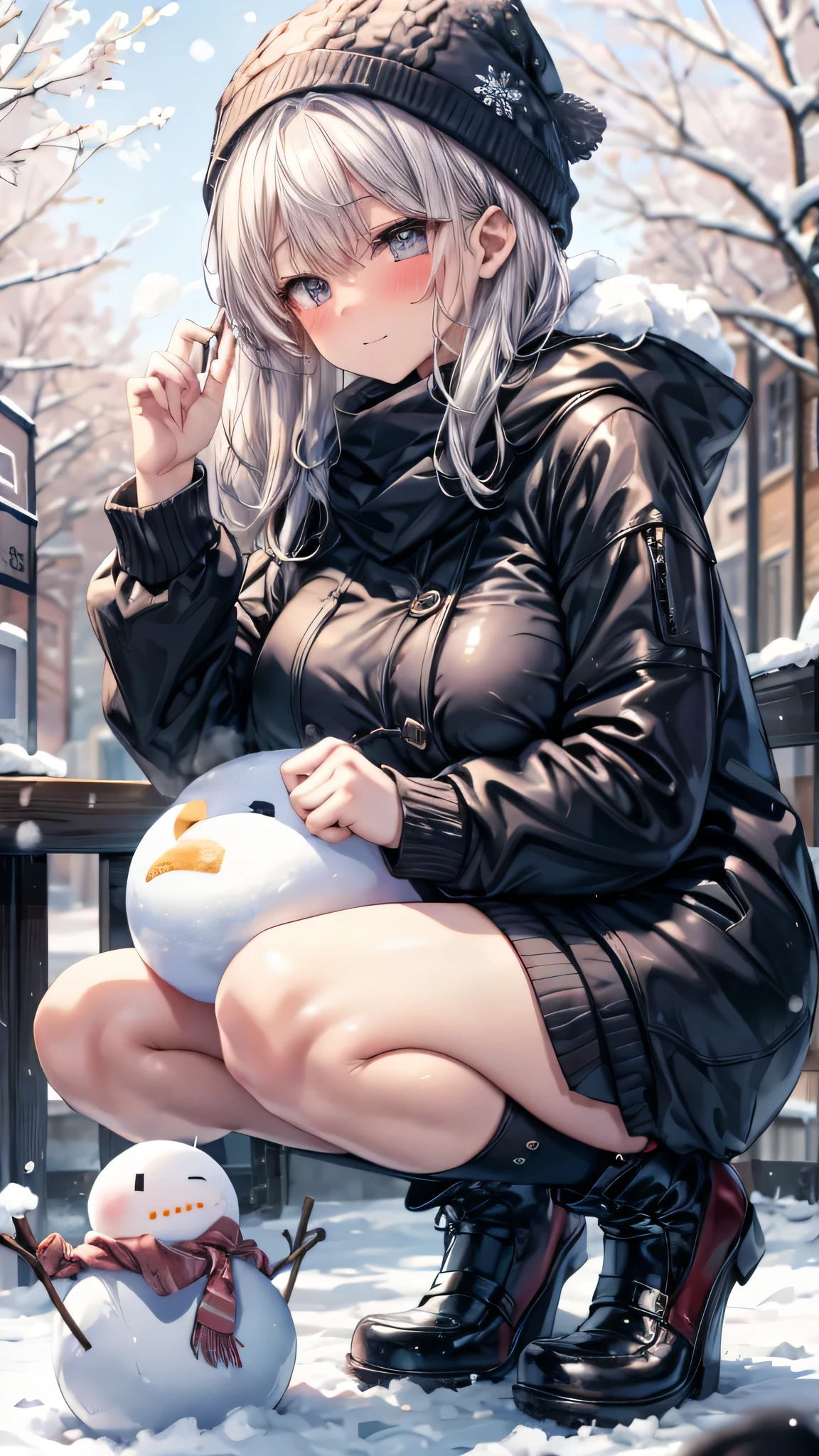 ((masterpiece, sidelighting, finely detailed beautiful eyes: 1.2)), (anatomically collect:1.3), Extremely cute, (extremely detailed beautiful face), (Authentic skin texture:1.4), (outdoor, winter, snowy landscape, park:1.2), (1 hit school student girl:1.2), (huge breasts:1.4), (slender body:1.2), (short black hair), (duffel coat, woolen scarf, Woolly hat:1.2), (stockings:1.4), (loafer:1.1), (glasses), (blush cheek:1.4), (shy, happy), (face focus:1.2), school bag, (steam), (squatting by snowman:1.2)