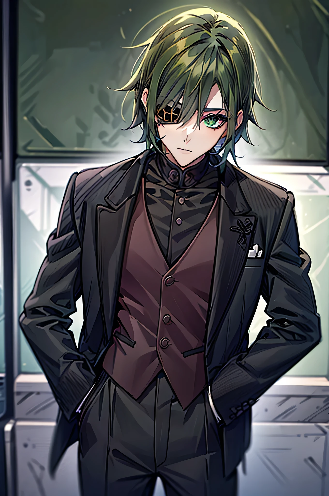   One Girl  ，Dark green hair，  short hair， eye patch(right eye)，  green eyes(left eye)，  black suit，  white shirt，  black tuxedo ，  black pants ，  Black Gloves  ， Wall-don， is amazing，  handsome，Around town