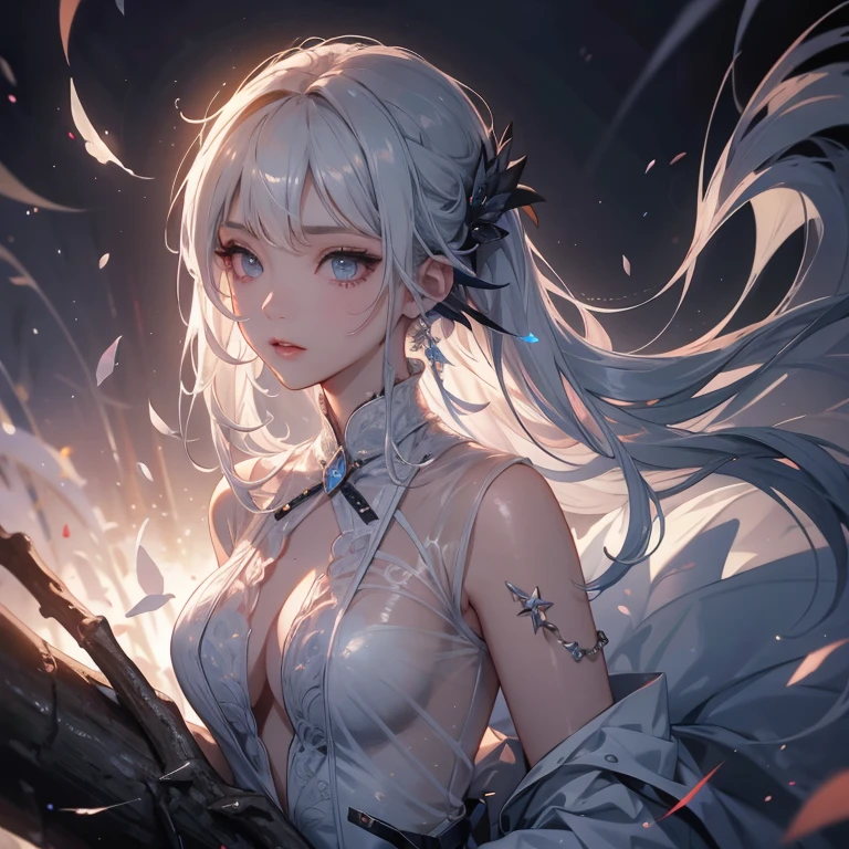 white hair, battle worn, shining blue eyes, samurai, pretty girl, delicate face, beautiful girl, slender body, hot girl, holding katana with both hands, full body white samurai uniform, under the moonlight, snow, pale skin, long beautiful streaked hair, floating hair, smile, soft face, kind eyes, eyebrows behind hair, ringed eyes, soft smile, face paint, scars on face, Surrealism, ray tracing, reflection light, motion lines, blurry background, night time, Canon, Fujifilm, 8k, super detail, best quality, UHD, portrait, snowflake
