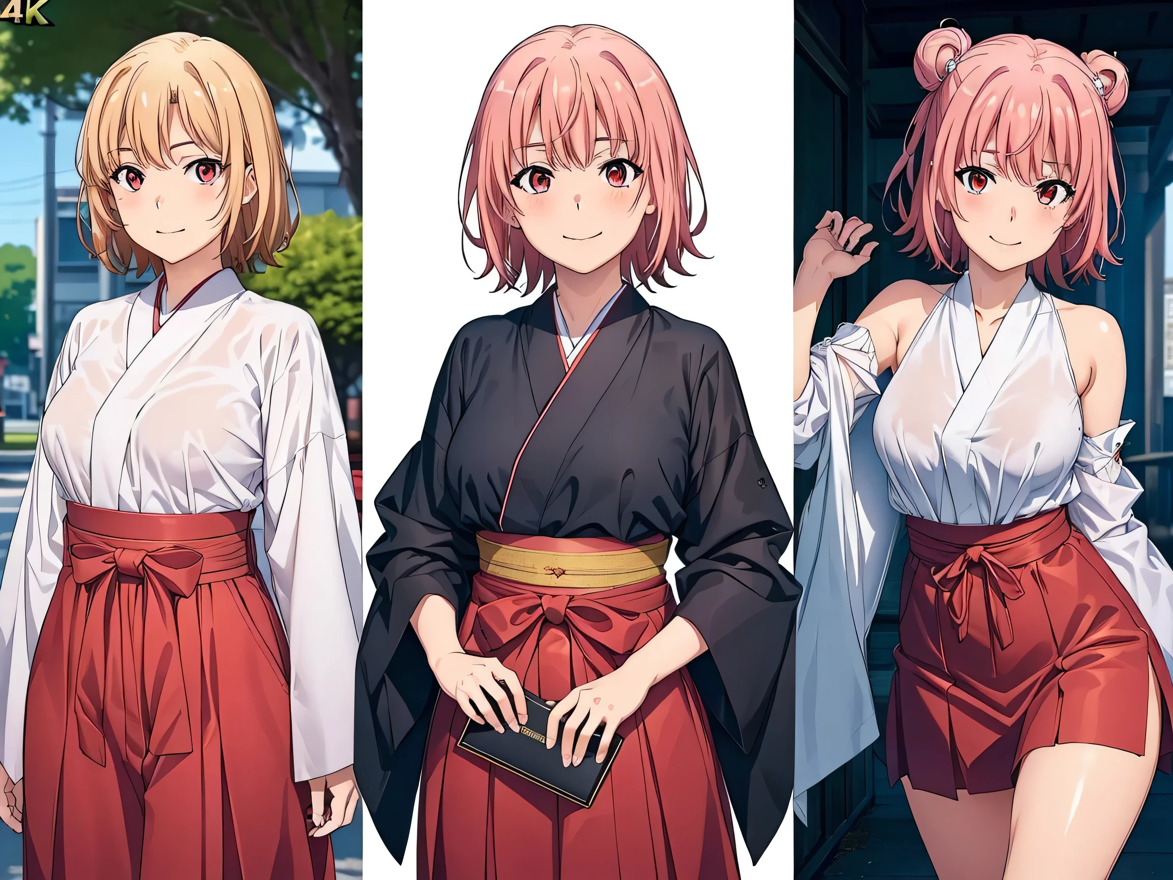 ((masterpiece,  top quality,  high definition , NFSW,  perfect pixel for shoulder-length hair,  is written by, 4K, )),  one girl , Alone, On,  beautiful anime girls,  Beautiful Art Style, 
 close, looking at viewer, 
 perfect body,  

 Yui Higahama,   short hair,  pink hair, ( Big Breasts ), 

  Full Face Blush , smile, 
Priest,  hakama skirt,  bear shoulder sighted, 