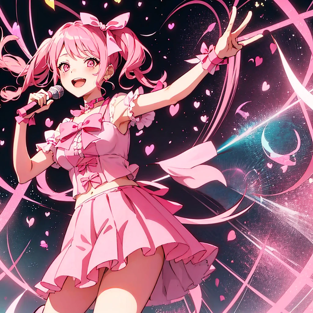 Aya Maruyama
 pink twin tail one girl
 pink eyes
 pink hair ribbon
 nude
 live venue
 winking
 hands making heart mark