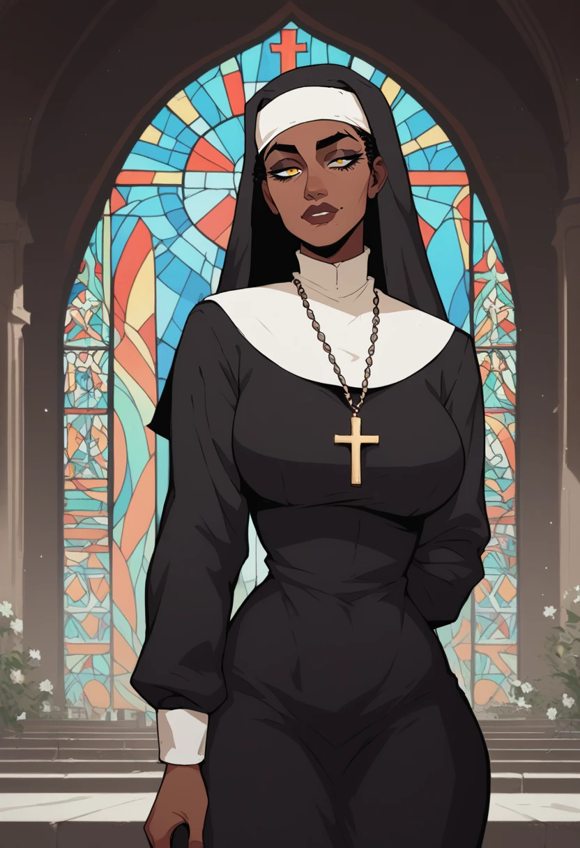 score_9, score_8_up, score_7_up, source_anime, 1woman, mature, human female, human, detailed face, jawline, collar, lustful eyes, smooth skin, dark skin, black skin, beautiful eyes, yellow eyes, black hair, huge breasts, dreads, dreadlocks hair, nun, habit, long sleeves, dress, black dress, jewelry, black veil, cross, cross necklace, church,