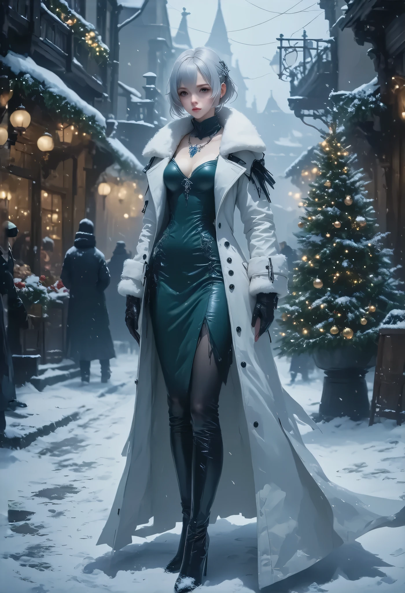 (8k, top quality, Masterpiece , Final Fantasy Style: 1.2),Atmospheric perspective, 8K, Very detailed, Accurate, Highest quality, masterpiece, Very detailed,Sharp focus, High resolution, full body shot of (YoRHa No. 2 Type B:1.5), Complex, Narrow Face, elegant, Wearing a sapphire necklace, A Christmas street corner with powder snow dancing, diamond dust, a long white coat, Crimson long dress made of velvet fabric, green long skirt made of velvet fabric, long black leather boots,white fur muffler on neck, ((large breasts:1.2), (huge breasts:1.2), (Uplifted and well-defined bust:1.2), (lifted chest:1.2), (perky breasts :1.2),(deep cleavage:1.4)) and a huge waist, (sexy long legs, whole body picture:1.5), (side view:1.4), Very detailed, Digital Painting, Art Station, Concept Art, Smooth, Sharp focus, figure, ArtJam, Greg Rutkowski, Art by Alphonse Mucha, 8K, Volumetric Fog, bloom, light, lumen, Crank blur