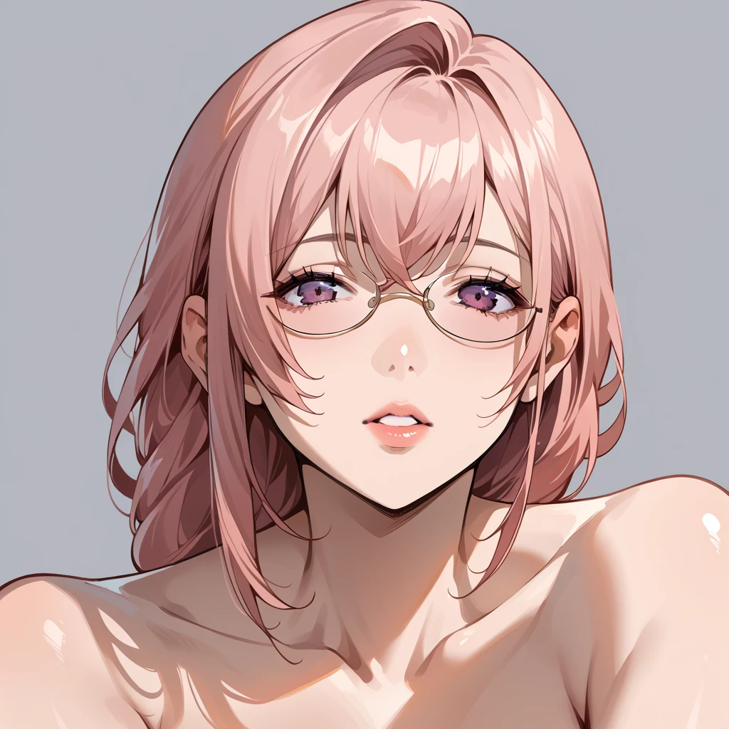 score_9_up, score_8_up, score_7_up, source_anime, 1girl, solo, Yanagi, eyewear, upper body, face focus, parted lips, looking at you, POV angled shot, pink hair, long hair, purple eyes, braided ponytail, under-rim eyewear, naked, mature body,