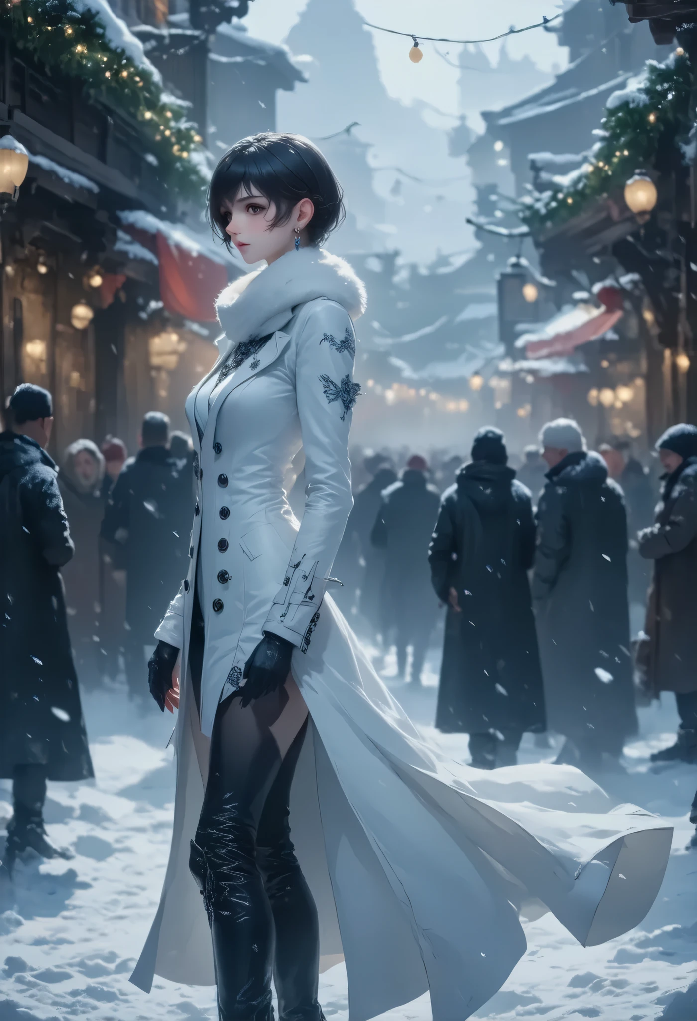 (8k, top quality, Masterpiece , Final Fantasy Style: 1.2),Atmospheric perspective, 8K, Very detailed, Accurate, Highest quality, masterpiece, Very detailed,Sharp focus, High resolution, full body shot of (YoRHa No. 2 Type B:1.5), Complex, Narrow Face, elegant, Wearing a sapphire necklace, A Christmas street corner with powder snow dancing, diamond dust, a long white coat, Crimson long dress made of velvet fabric, green long skirt made of velvet fabric, long black leather boots,white fur muffler on neck, ((large breasts:1.2), (huge breasts:1.2), (Uplifted and well-defined bust:1.2), (lifted chest:1.2), (perky breasts :1.2),(deep cleavage:1.4)) and a huge waist, (sexy long legs, whole body picture:1.5), (side view:1.4), Very detailed, Digital Painting, Art Station, Concept Art, Smooth, Sharp focus, figure, ArtJam, Greg Rutkowski, Art by Alphonse Mucha, 8K, Volumetric Fog, bloom, light, lumen, Crank blur