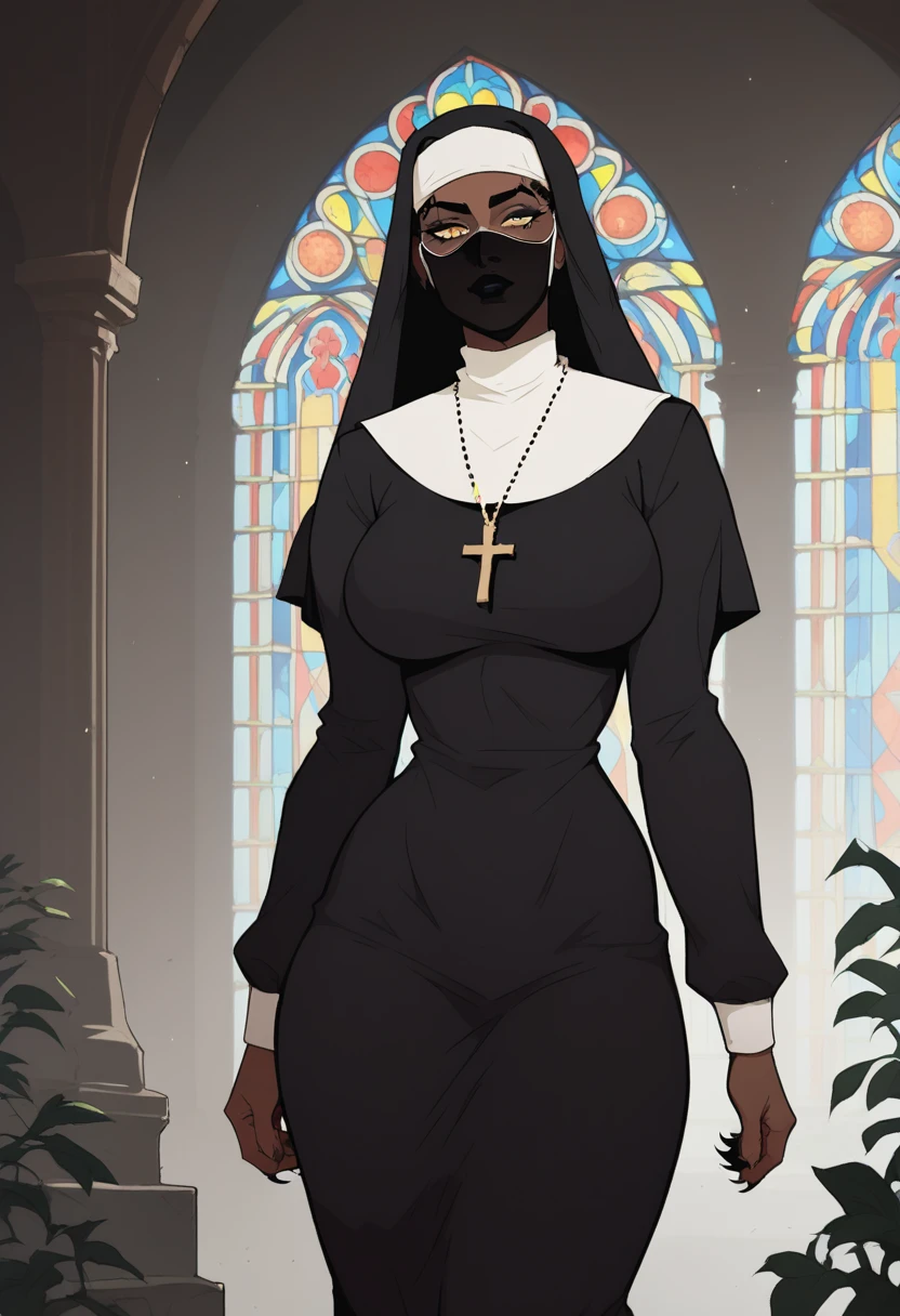 score_9, score_8_up, score_7_up, source_anime, 1woman, mature, human female, human, detailed face, jawline, collar, lustful eyes, smooth skin, dark skin, black skin, beautiful eyes, yellow eyes, black hair, huge breasts, dreads, dreadlocks hair, nun, habit, long sleeves, dress, black dress, jewelry, black veil, cross, cross necklace, church,