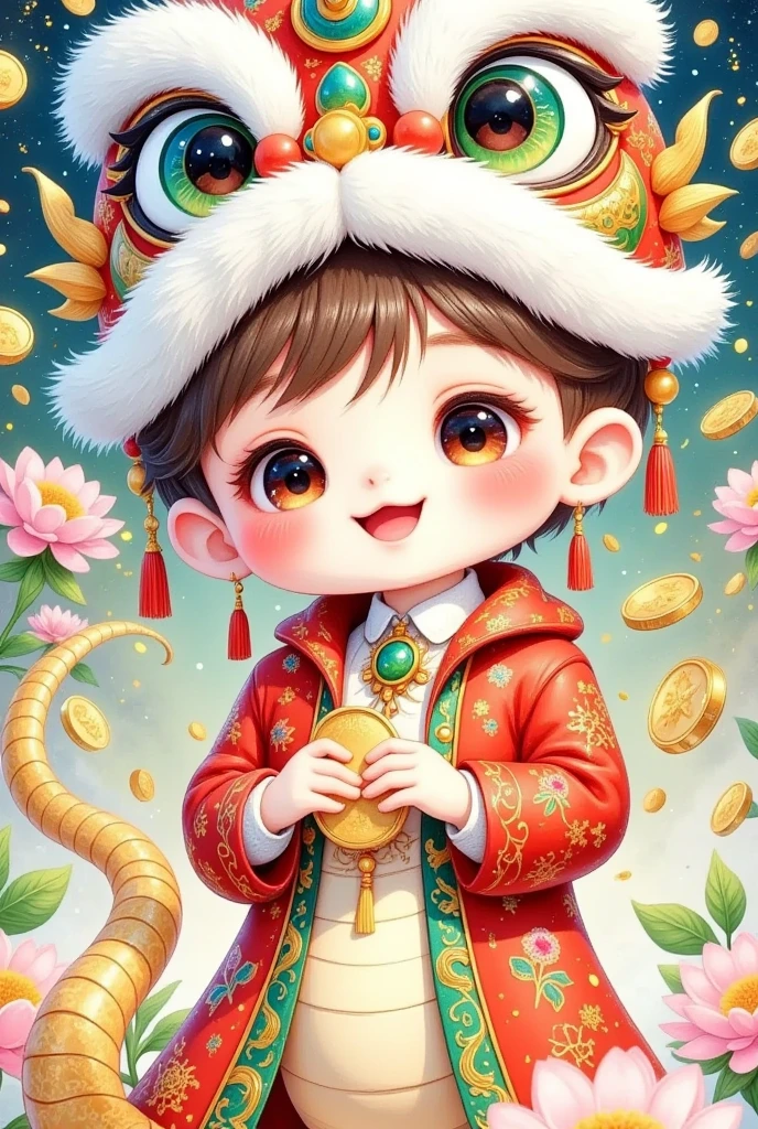 Beautiful boy wearing a Chinese lion hat on his head，A snake tail in the back， Rain of coins in the air。