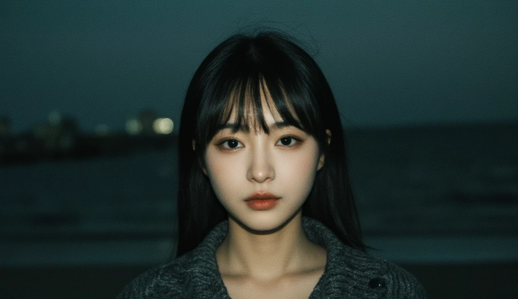 a young woman,looking at the camera,posing,ulzzang,naver fanpop,ffffound,streaming on twitch,character album cover,blues moment,style of Alessio Albi,daily wear,moody lighting,appropriate comparison of cold and warm,reality,