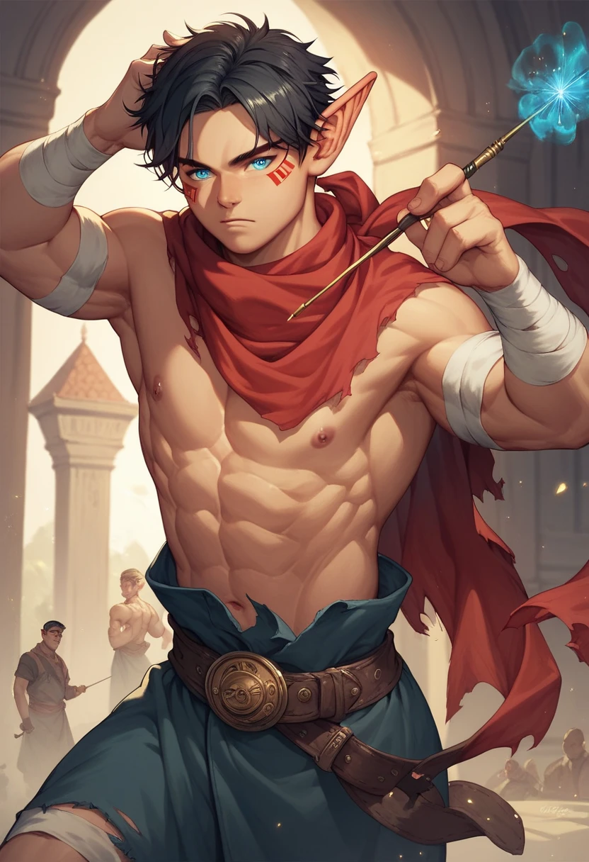  Human Male Young ager , pointer Elf ears,face Tattoo , blue pupils  ,Black hair , red Torn Scarf , Bandage ,Ancient dark magic , Handsome guy , poses