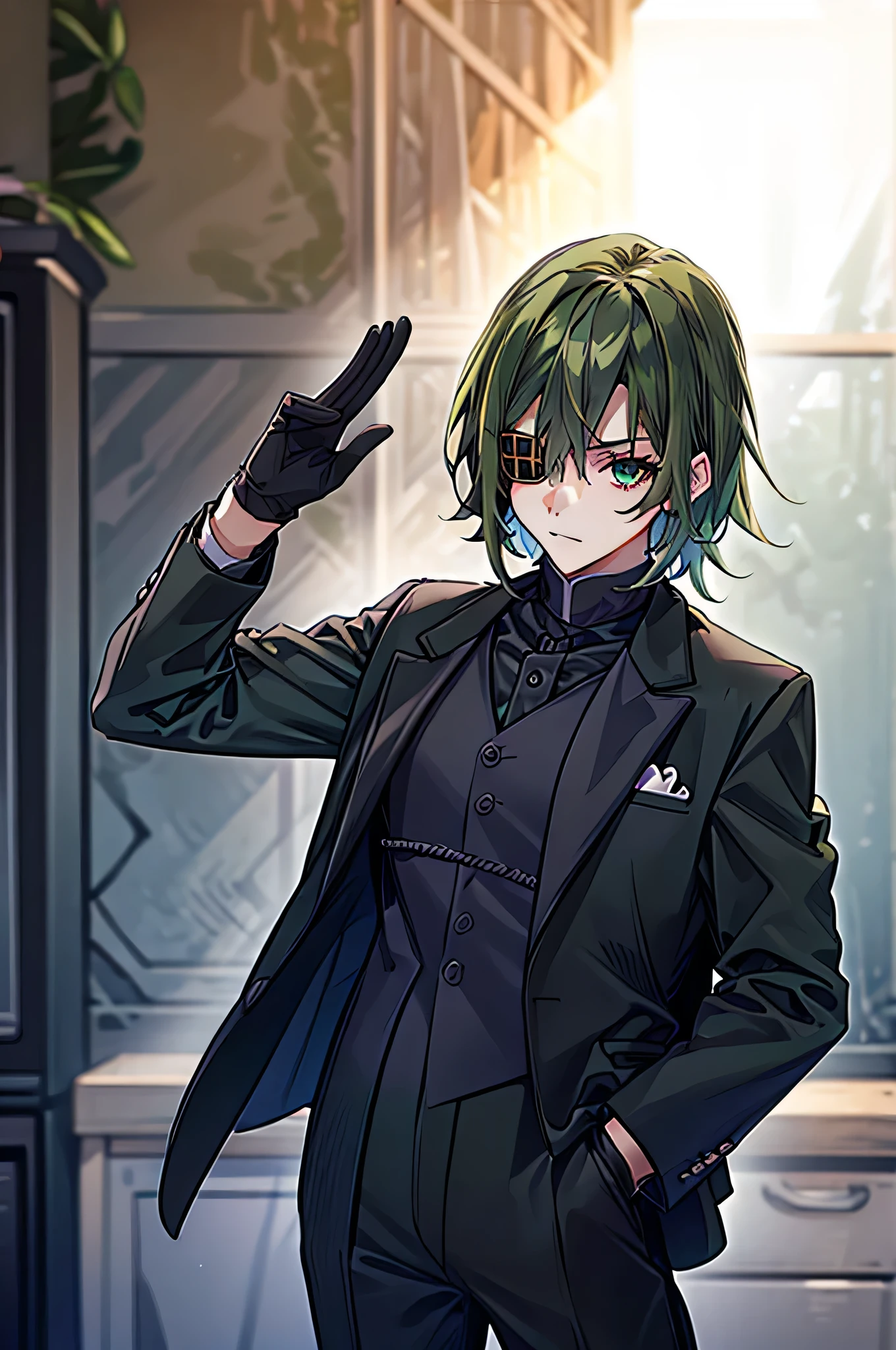   One Girl  ，Dark green hair，  short hair， eye patch(right eye)，  green eyes(left eye)，  black suit，  white shirt，  black tuxedo ，  black pants ，  Black Gloves  ， Wall-don， with one hand in front， is amazing，  handsome，Around town