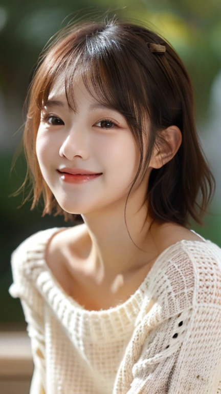 highest quality, masterpiece, ultra high resolution, (realistic:1.4), Raw photo, short hair, Very cute round face, smile, Japanese, (oversize sweater:1.3), very beautiful lips, very beautiful skin, very beautiful long eyelashes, slender body, boobs,