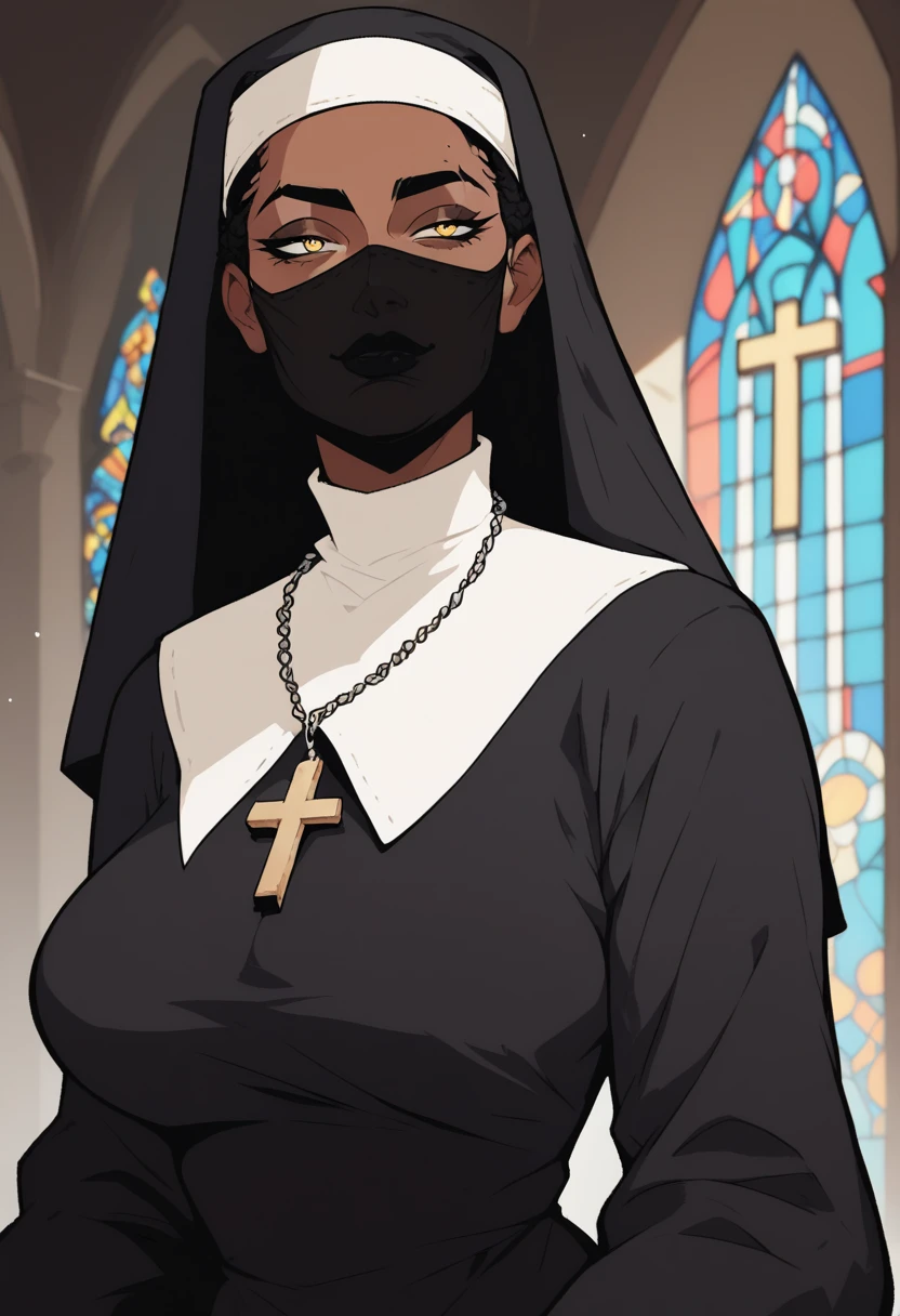 score_9, score_8_up, score_7_up, source_anime, 1woman, mature, human female, human, detailed face, jawline, collar, lustful eyes, smooth skin, dark skin, black skin, beautiful eyes, yellow eyes, black hair, huge breasts, dreads, dreadlocks hair, nun, habit, long sleeves, dress, black dress, jewelry, black veil, cross, cross necklace, church,