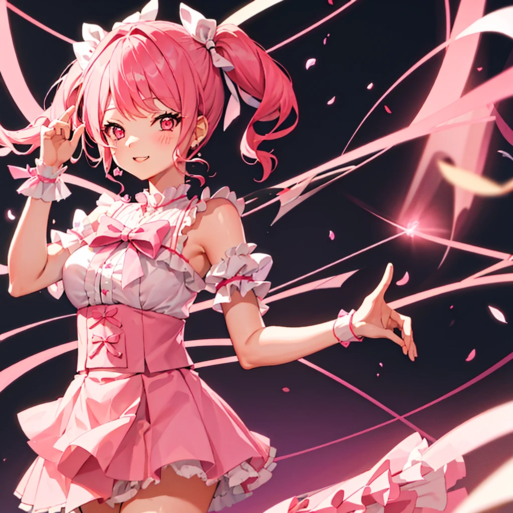 Aya Maruyamanaked
 pink twin tail one girl
 pink eyes
 pink hair ribbon
 nude
 live venue
 winking
 hands making heart mark