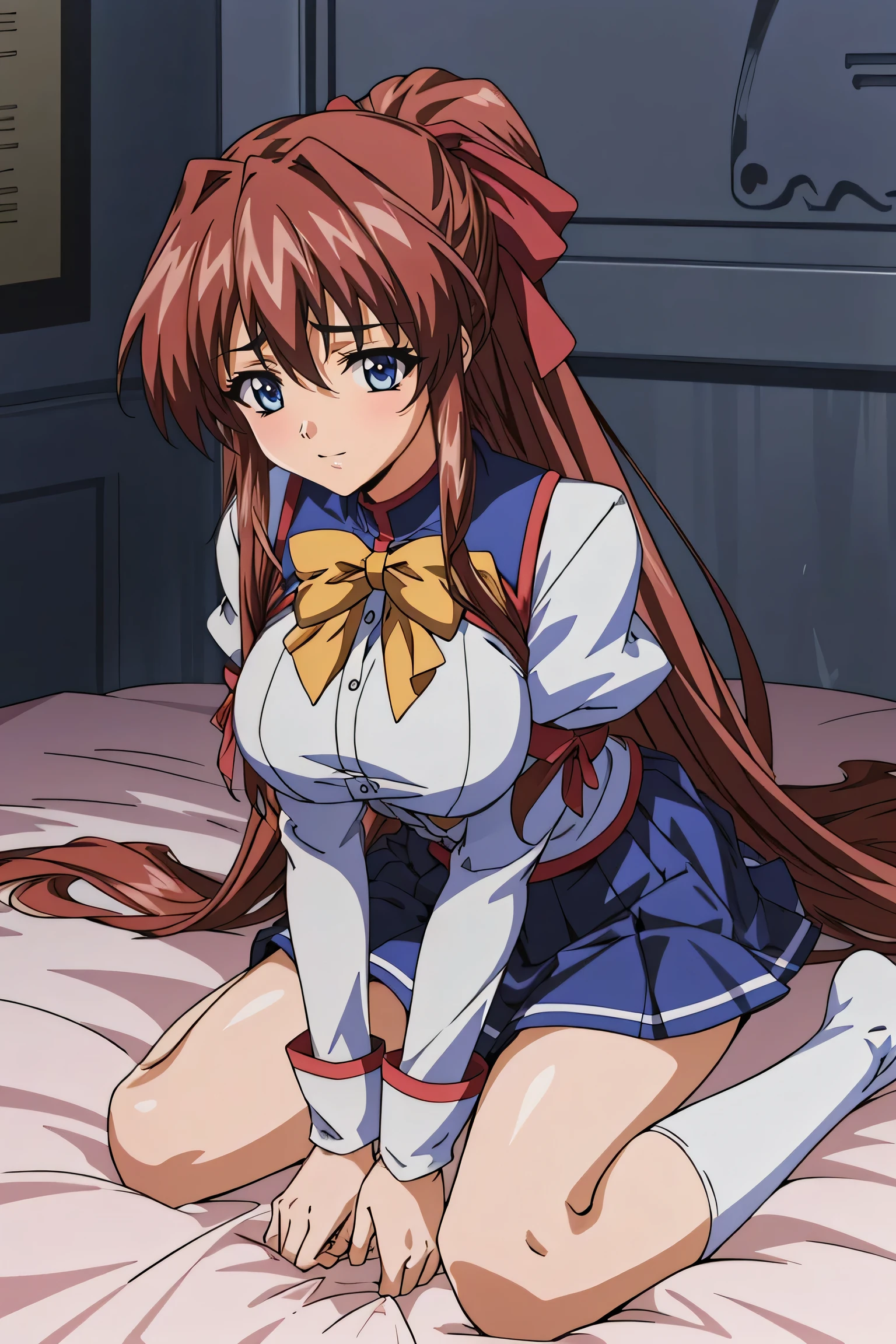 ( Anime Artwork,  anime style,  studio anime ,  very detailed with crimson hair, up to date,  vibrant,  ANIME COLORING BOOK,  High Contrast, masterpiece:1.2,  top quality,  best aesthetics), ( beautifully detailed :1.2), learn, 1 person, hair ribbon,  school uniform,  Long Sleeve ,  bow tie ,  blue skirt,Big Breasts、 ,  cute smile　  mouth　 on the bed, Lie down、Please raise your arms,  pink is beautiful, the above,  raise shirt,  skirt flip , No pants, white knee-high socks 、Two wrist