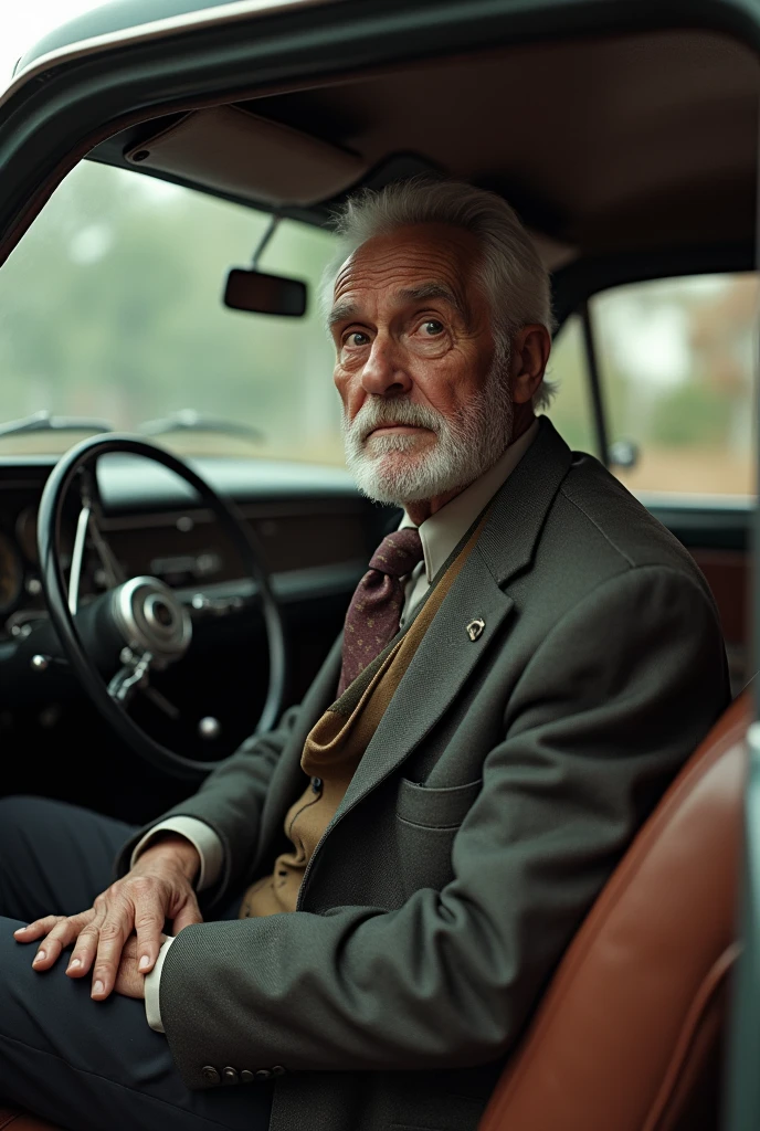 Elderly man sitting in the back seat of a car 