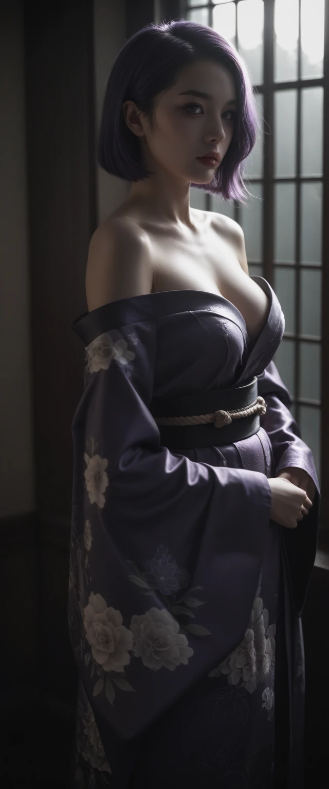 1girl, extremely detailed goddess of death, highly detailed kimono, extremely detailed and revealing gothic off-shoulder kimono, extremely detailed and realistic skin, extremely detailed medium perky breasts, dramatic cinematic lighting, intricate details, dramatic atmosphere, purple hair, dark moody lighting, lush garden background, dramatic colors, photorealistic, 8k, best quality, masterpiece, deep low-cut neckline showing décolletage, life-like and Photorealistic taken from a Leica m9 50mm 1.2 pouting kissable lips 