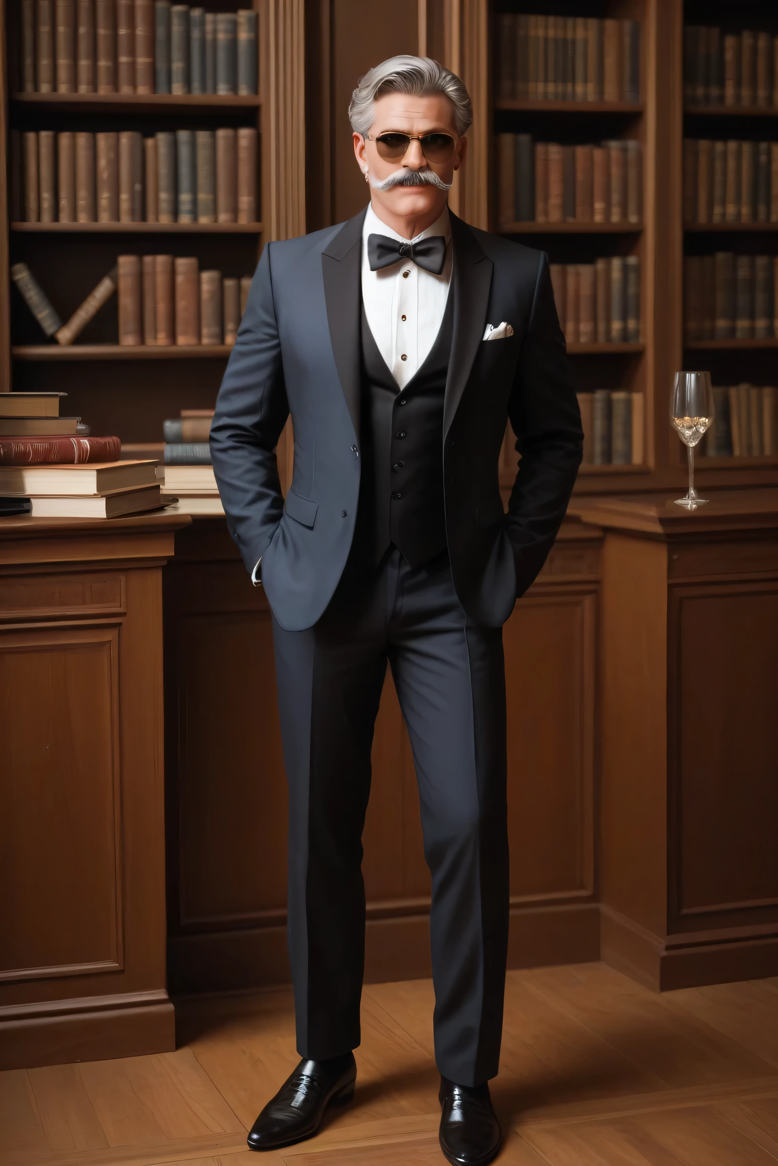 This is an image of an older man with grey hair and a thick moustache. A man gets into the frame in full length. he is wearing a tuxedo with a bow tie and standing in front of bookshelves. his facial expression is friendly and open, wearing sunglasses, his arms are folded in front of his chest, as if listening attentively. Generally, he looks elegant, self-confident and, maybe , a little theatrical. his appearance may indicate that, he is a person of a certain status, maybe , associated with the arts, culture or academic environment.
