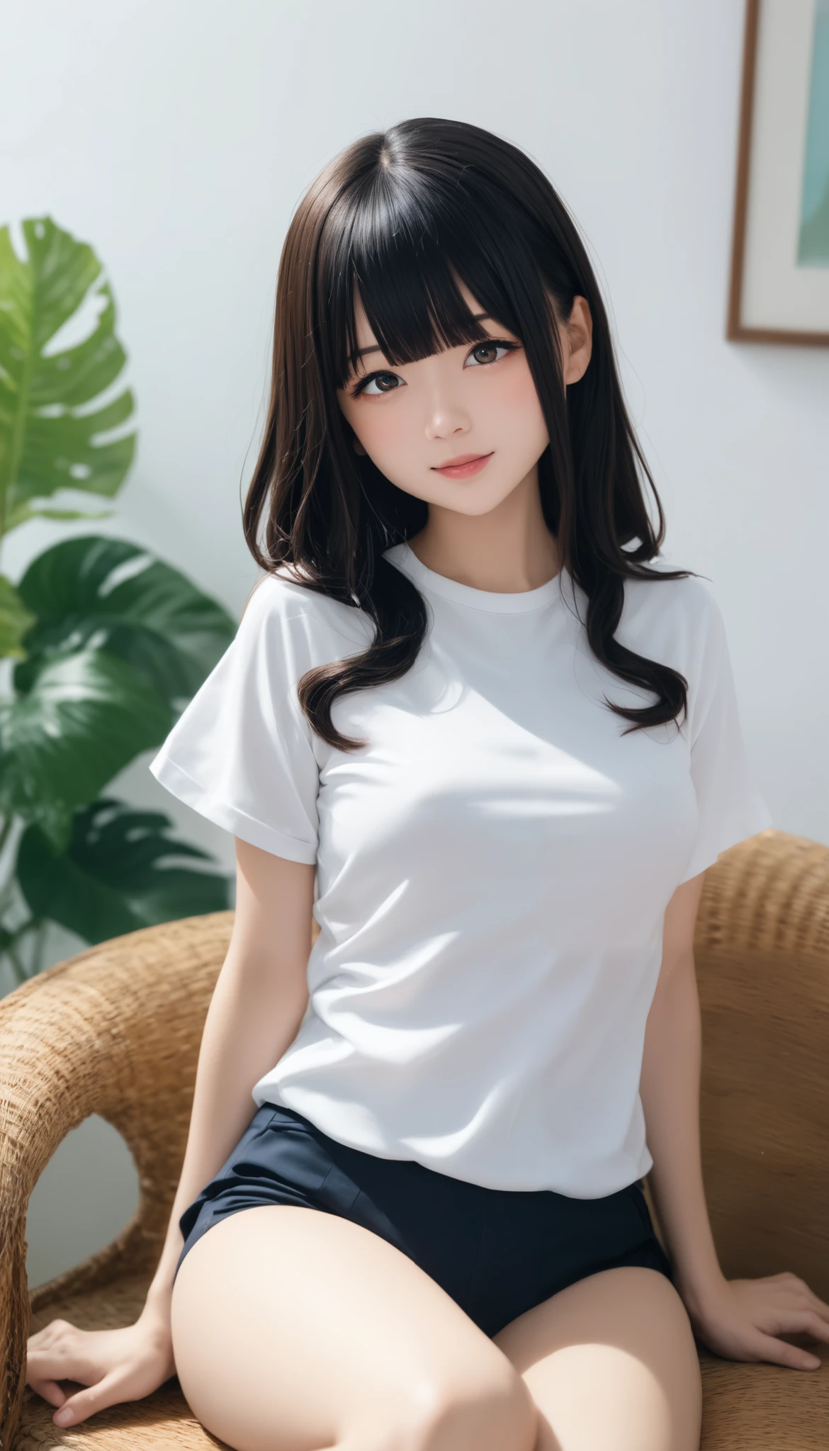  Perfect Anatomy、 dark-haired girl、very long straight black hair  、  white skin、bangs、非常に短いbangs、 絹のようなスムーズな長い長さの白いT shirt、両手を上げてsideを見せる、side、 (Up to the thighs),   medium chest   ,  白 shirt, PrintＴ shirt