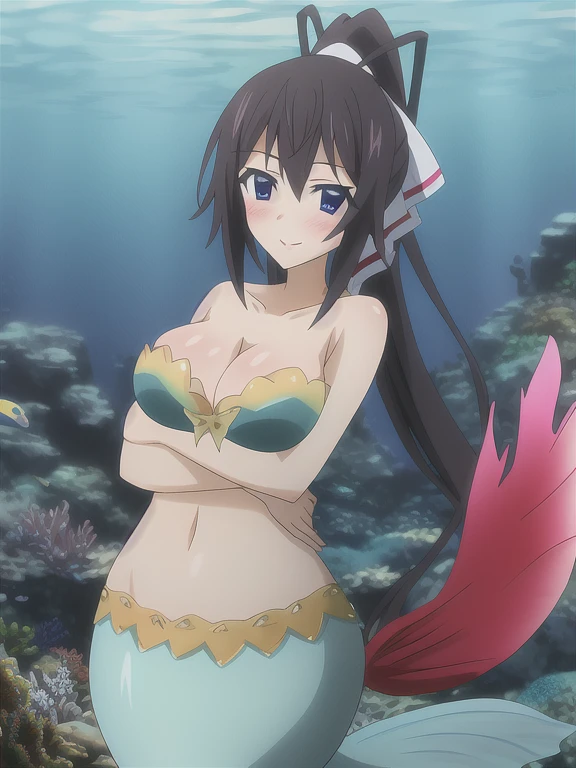 (8k, RAW photo, best quality, masterpiece:1.2),1girl,smile,((black hair, super long hair, shiny hair, blunt bangs, hime cut)), mermaid,(huge breasts:1.1), Showing her breasts, breasts out, ((Sea shell bra,))(wearing Pareo),Princess Tiara,Pearl decoration,jewel decorations,Undersea background,under the water, fish tail, leaning forward,