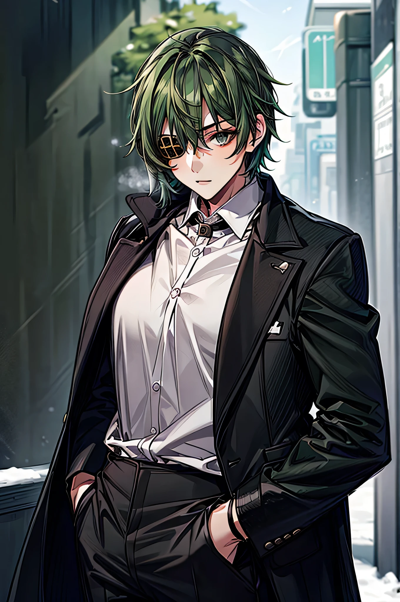   One Girl  ，Dark green hair，  short hair， eye patch(right eye)，  green eyes(left eye)，  black suit，  white shirt，  black tuxedo ，  black pants ，  Black Gloves  ， is amazing，  handsome，Around town，winter，cold