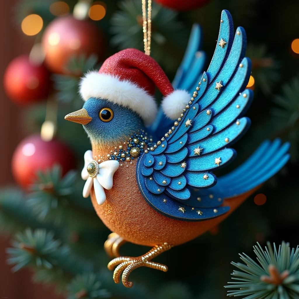  The Christmas decoration is beautiful in the shape of a bird with blue wings,  with a white tie ,  Christmas hat , glitter, beautifully made ,  Design work , 8 k,  masterpiece fails,  better quality ,  complex , bright colors, rich colors ,  as much detail as possible , 