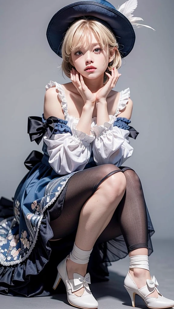uekura, One girl, Blonde Hair, White Background, Have, dress, Blue footwear, wing, Simple Background, sign, flower, Manicure, Wide sleeves, Long sleeve, blush, animal, white flower, alone, whole body, bird, View Viewer, High heels, Put your hand on your cheek, put your hand on your face, Frills, bow, bangs, ribbon, Bell, Blue hat, +_+, shoes, short hair, Grey Eyes, shoes, Blue Claws, feathered wing, blue bow,
