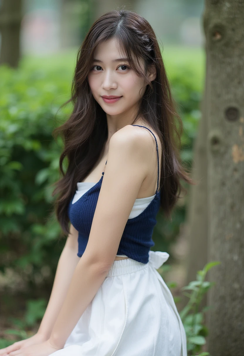 Close up,The image is a portrait of a young cute asian woman standing in front of a garden. She is  facing the camera and smiling ,with her body slightly turned to the side. She has long, dark hair with a side-swept fringe that falls over her shoulders. Her hair is styled in loose waves and falls over a shoulder. She wears a navy blue tank top with a white top underneath and a white skirt with a high waistline. She also has a white belt tied around her waist. Her body is slightly turned slightly to the left, with both hands resting on her knees. She appears to be confident and relaxed. In the background, there is a tree trunk and a bush with green foliage. The overall mood of the image is peaceful and serene.